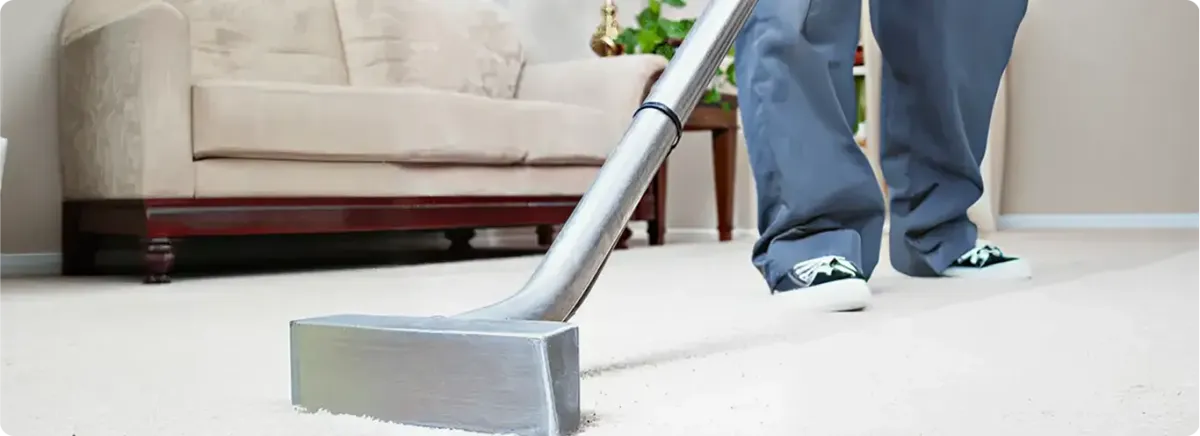 Carpet cleaning technician using a hot-water extraction wand on a light-colored carpet in a living room, Detroit, MI.