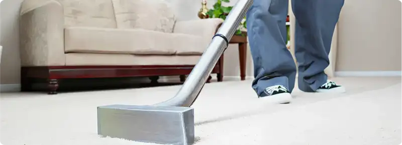 Carpet cleaning technician using a hot-water extraction wand on a light-colored carpet in a living room, Detroit, MI.