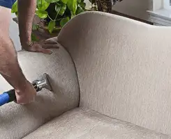 Professional upholstery cleaner deep-cleaning a fabric sofa with a handheld extraction tool and hose in Detroit, MI.